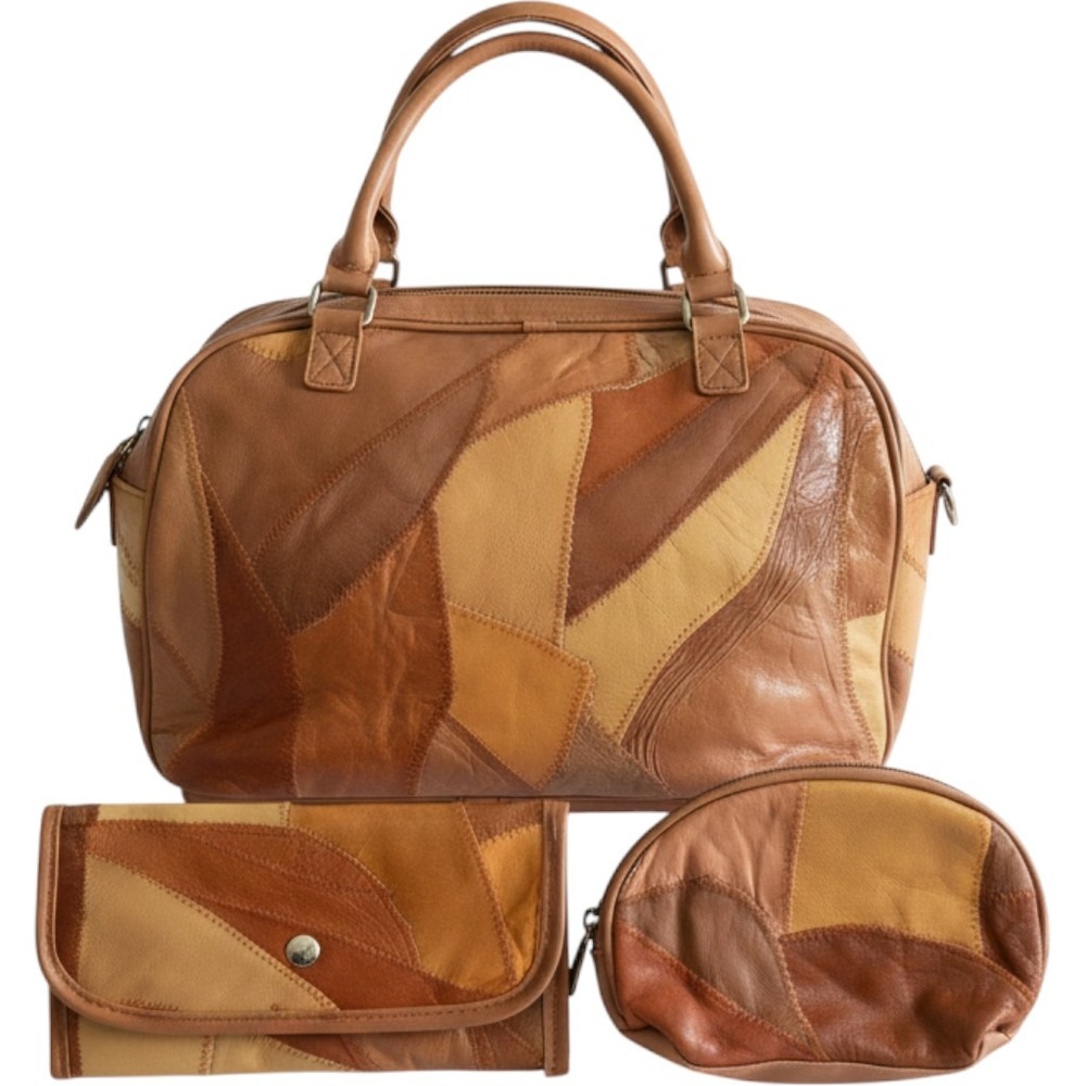 Vintage Leather Patchwork 3 Piece Bag Set Tan Brown Boho Western Satchel Wallet